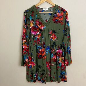 Umgee Green Floral Babydoll Dress Bell Sleeve Crochet V-neck size S Fairy Boho